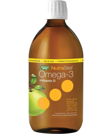 Nature's Way NutraSea Omega-3 and Vitamin D Supplement - Fish Oil with EPA and DHA Support Healthy Heart and Brain Help Build Strong Bones and Teeth & Help Support Immune System Crisp Apple Flavour 500 ml Liquid Value Size