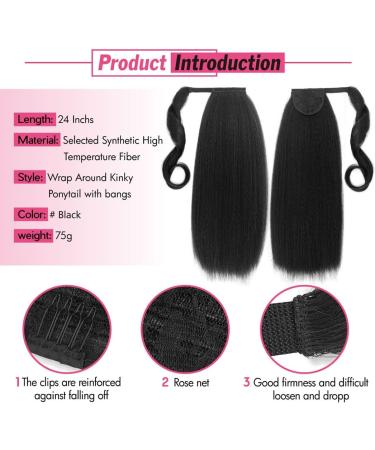 Kinky Straight Ponytail Extension with Bangs for Black Women Yaki Straight Wrap Arpund Pony Tail Hair Clip in Ponytail Extension Magic Paste Natural Looking Hair Hairpiece for Daily Party Use (Black) 20 inches Black - Buy Online on SooperMarket.com
