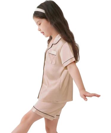 SWOMOG Kids Silk Pyjamas Short Sleeve Satin PJs Set | Button-Down Silky Nightwear for Boys & Girls | Children Sleepwear Teens Age 6-7 Years | Champagne - Buy Online on SooperMarket.com
