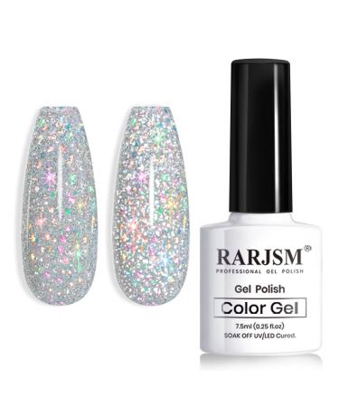 RARJSM Reflective Glitter Gel Polish Silver Sparkling Glitter Iridescent Shimmer Gel Polish Sparkle Diamond Gel Polish Holographic Gel Polish Soak off Nail Art Varnish Manicure for Salon DIY at Home RAR705