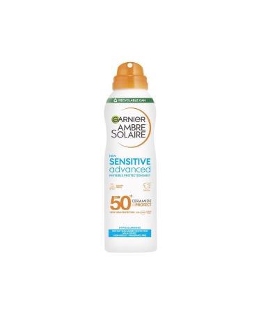 Garnier Ambre Solaire SPF 50+ Sensitive Advanced Dry Mist Sun Cream Spray Water Resistant & Non Greasy Sunscreen Fragrance Free UVA & UVB Protection Approved by Cruelty Free International 150ml 150 ml (Pack of 1)