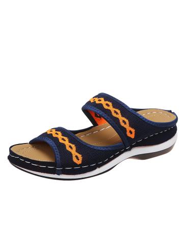 Leather Orthopedic Arch Support Sandals Diabetic Walking Cross Sandals - 2023 New Women Casual Orthotic Low Wedge Sandals  Rubber Slides Comfort Wear Ortho Shoes for Women Wide Width Slippers 7 Blue
