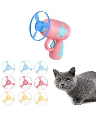 Cat Fetch Toys Colorful Flying Propellers Cat Chasing Flying Propeller Cat Playing Toy with 1 Launchers & 10 Discs for Interactive Exercising Training Hunting Chasing Batting (Random Color)