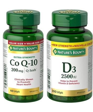 Nature's Bounty Co Q10 Extra Strength 200mg Supplement Promotes Heart Health Multi-colored 60 Softgels & Vitamin D3 2500 IU 300 Softgels Helps to prevent Vitamin D deficiency Value Size Co Q10 + VITAMIN 801138