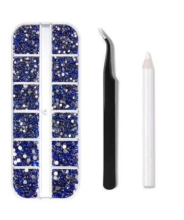 1200 Pieces Nail Art Street 3 Sizes Flatback Gemstones with Pick-Up Tweezers and Rhinestone Hands Transparent Round Crystal Rhinestones for Nail Art Clothing Craft (Navy Blue)
