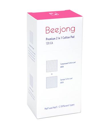 Beejong  120EA  Premium 2 in 1 Facial Cleansing Square Cotton Pads - Two Types of Face Wipes Cotton Pads for Toner  Makeup Remover | Compressed 60EA & Sponge 60EA | Made in Korea (1 Pack)