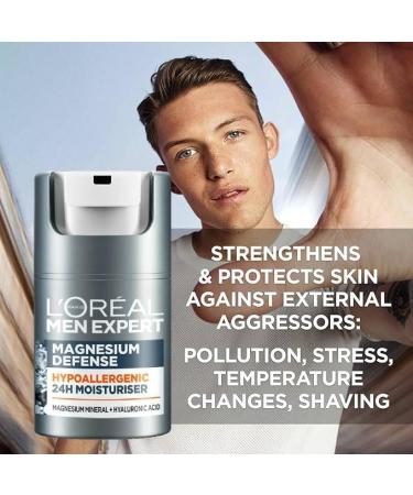 L'Or al Paris Men Expert Sensitive Skin Moisturiser 50ml - Magnesium Defence & Hyaluronic Acid | Hypoallergenic 24H Daily Moisturiser - Buy Online on SooperMarket.com