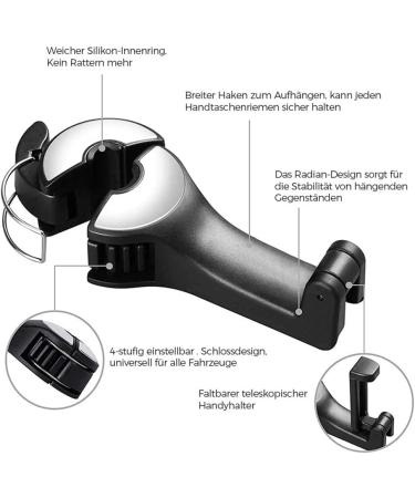 Keeplus 2-in-1 Car Headrest Hook & Phone Holder - Silver | Portable Organizer for Car Seats & Clothes - Buy Online on SooperMarket.com