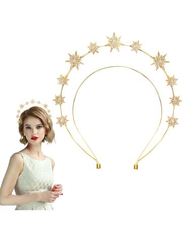 Stars Headband Double Layer Star Halo Crown Hairband Star Rhinestone Tiara Goddess Headpiece Bridal Wedding Crown Hair Accessories for Women Girls (Golden)