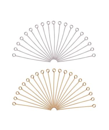 PH PandaHall 160 pcs 40mm(1.57 inch) 304 Stainless Steel Head Pins Findings 21 Gauge(0.7mm) Open Eye Pin for Earring Pendant Bracelet Necklace Jewelry DIY Craft Making  Golden/Silver 40mm(1.57) Golden/Silver