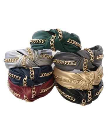 Wiwpar Knotted Headbands for Women Fashion Wide Headband Vintage Knotted Head Band Hair Hoop Hair Accessories with Metal Chain (Black)