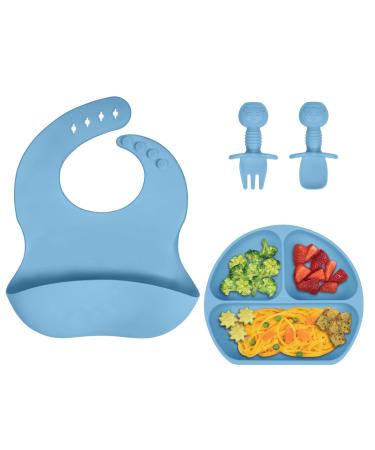 Vicloon Silicone Baby Feeding Set 4 Pcs Baby Weaning Set Baby Suction Plate Bib Spoon and Fork Divided Plate BPA Free Silicone Feeding Set Toddlers and Kids Plate Set Gift for Kids (Blue) Divided Plate - Blue