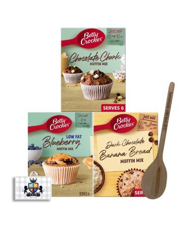 AETN Creations Betty Crocker Baking Bundle Trio Muffin Mix in Chocolate Chunk Banana Bread and Blueberry with AETN Homemade with Love Wooden Mixing Spoon