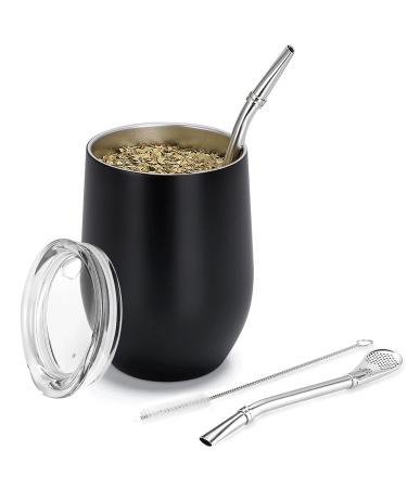 Telanks Modern Mate Becher 340 ML Yerba Mate Mate Mate 18/8 Stainless Steel Mate Tea Cup with BPA-free lid straw (bombillas) and a cleaning brush (black) black-1