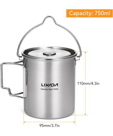 Lixada 750ml Stainless Steel Camping Cup Pot with Foldable Handles and Lid - Ideal for Outdoor Camping, Hiking, and Backpacking - Buy Online on SooperMarket.com