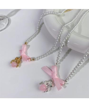 Oralgos Elegant Pearl Necklace with Bow | Adjustable Collarbone Chain for Weddings & Special Occasions - Silver - Buy Online on SooperMarket.com