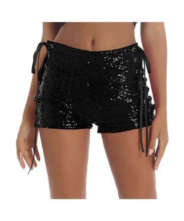 Duohropke women metallic hot pants sequins glitter shorts with high waist sexy short pants shorts for dance sport disco costume carnival carnival xxl 02 black