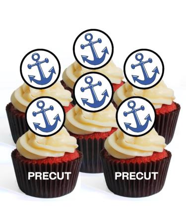PRECUT Anchor Edible Cupcake Toppers - Navy Sailor Fisherman Theme Premium Thickness SWEETENED VANILLA - wafer card disc cake decorations (Pack of 12)