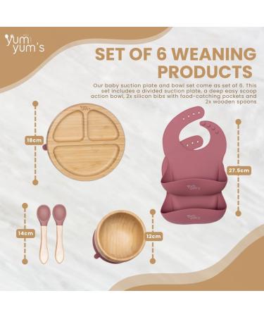 Yum Yum's Set of 6 Baby Feeding Set - Suction Bamboo Plates, Bowl, Wooden Spoons, Bibs | Kids Pink Weaning Set - Buy Online on SooperMarket.com