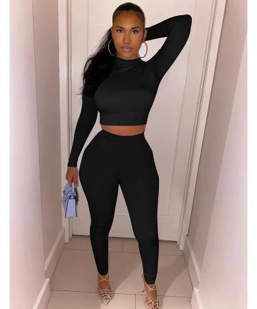 Kaximil Women's Workout Tracksuit Set - Long Sleeve Crop Top & High Waist Legging Pants - X-Large Black - Buy Online on SooperMarket.com