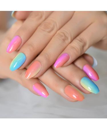 Buy Shiny Colorful Press On Nails | Ombr Rainbow Fake Nails Set - 24pcs Medium Size - Buy Online on SooperMarket.com