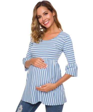 Love2Mi Maternity Blouse - A-Line Pregnancy Shirt - 3/4 Bell-Sleeve - Sky Blue Stripe - Size L - Buy Online on SooperMarket.com