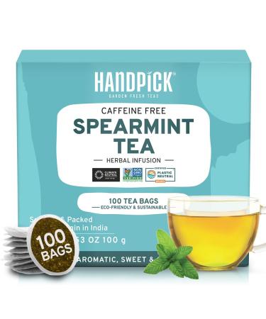 HANDPICK Spearmint Tea Bags (100 Count) Non-GMO 100% Pure Spearmint Leaf Tea Bags Certified by Tea Board of India | Raw from India Round Eco-Conscious Tea Bags Spearmint Tea 100 Count (Pack of 1)