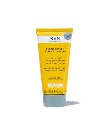 REN Clean Skincare - Clean Screen Mineral SPF 30 Mattifying Face Sunscreen - Vegan Matte Facial Sunscreen for Sensitive Skin - 99% Natural - 1.7 Fl Oz