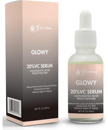 Glowy 20% Vitamin C Serum Lactobionic Acid Niacinamide Ferulic Acid Aloe Vera. High Purity Hyaluronic Acid for a Silkier & Healthier Skin