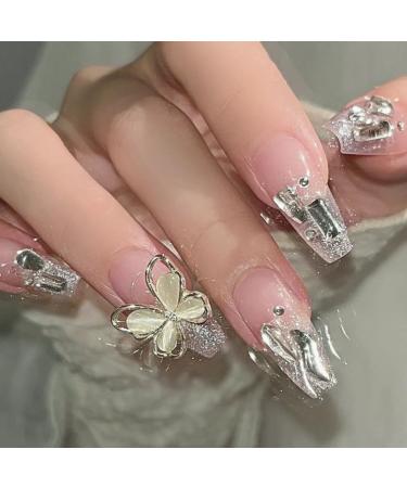 Long Press on Nails Long False Nail French Tip Fake Nails with 3D Butterfly Rhinestones Designs Glossy Full Cover Acrylic Nails for Women False Nails & Accessories - Buy Online on SooperMarket.com