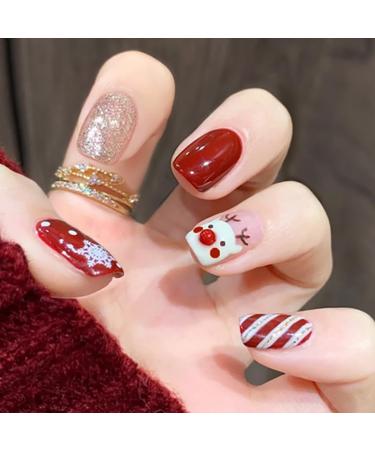 Brishow Christmas False Nails Snow Press on Nails Christmas Tree Stick on Nails Antler Short Red Fake Nails 24pcs for Women and Girls (d)