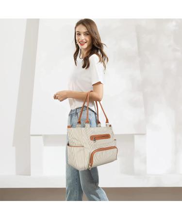 SONARIN 7pcs Nappy Changing Bag Set Multifunction Mummy Tote Bag Baby Changing Bag Shoulder Handbag Travel Diaper Bag with Bottle Bag Changing Mat and Stroller Straps white stripped(Khaki) - Buy Online on SooperMarket.com