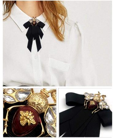 Lijun Vintage Ribbon Bowtie for Women | Big Bowknot Necktie with Bee Crystal Brooch | International Shipping Available - Buy Online on SooperMarket.com