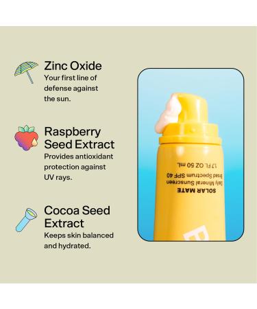 Bubble Skincare Solar Mate SPF 40 Mineral Sunscreen - Zinc Oxide Blue Light Protection Lightweight & No White Cast - 50ml - Buy Online on SooperMarket.com