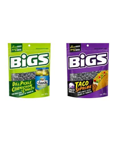 Bigs Sunflower Seeds Dill Pickle Flavour - 8x140g Bags 8 Count & Taco Supreme Flavour Sunflower Seeds 140 grams Sunflower Seeds + Sunflower Seeds 140 grams