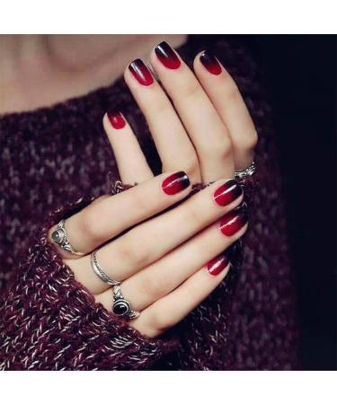 SIUSIO 24Pcs Fake Nails Black Red Full Cover Short Gradient Jewelry Top Coat Maple Leaf False Nail Covered Gel Nail Art Tips Sets for Women and Girls