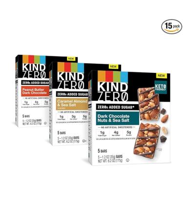 KIND ZERO Added Sugar Bars Keto Friendly Snacks Variety Pack 6.2oz Box (15 Bars)