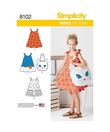 Simplicity 8102 Girl's Cat Tote Bag and Sundress Sewing Pattern, Sizes 3-8
