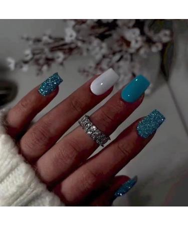 MISUD Short Square Press on Nails Squoval Fake Nails Glossy Glue on Nails Summer Blue Acrylic Nails White Gel Artificial Nails Bling Glitter Stick on False Nails with Design 24 pcs 01602Blue