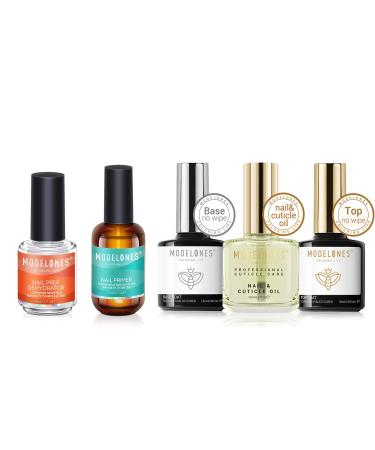 modelones 5Pcs Nail Primer & Nail Dehydrator with No Wipe Base Top Coat and Cuticle Oil Set