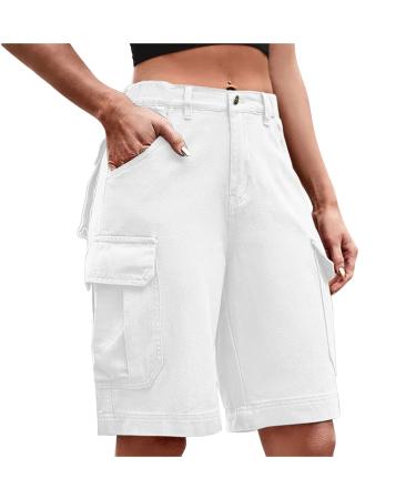 Camo Cargo Shorts for Women Button Fly Shorts with Pockets Solid Color Knee Length Pant Summer Casual Wide Leg Shorts White Medium