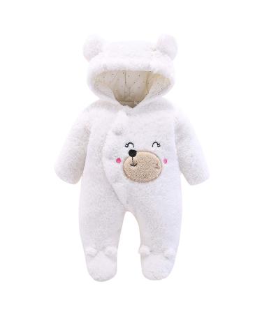puseky Newborn Baby Cartoon Bear Snowsuit Winter Coat Fleece Hooded Footed Romper Jumpsuit Unisex Baby Winter Clothes Bodysuit 9-12 Months White
