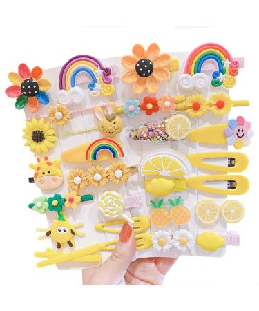 28 pieces of sweet hair clips fashionable hair accessories for girls flowers fruits colorful rainbow sweets desserts cute animal hair-clock set non-slip metal pressure buttons (yellow)