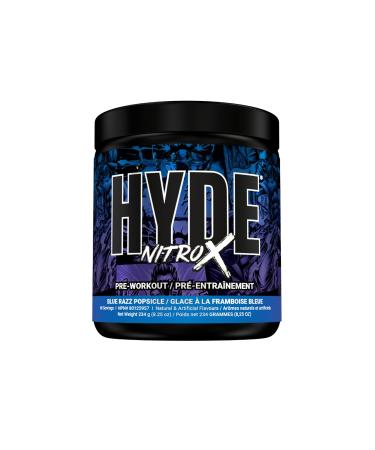 Hyde-Nitro X Pre-Workout Powder | Extreme Energy Pumps Power & Focus | High Stimulant Pre-Workout | 400mg Caffeine 1g Creatine HCL Teacrine & Nitrosigine | 60 Servings (Blue Razz Popsicle) Blue Razz Popsicle 60 Servings