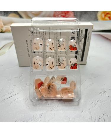 24 Pcs Halloween Press On Nails - Short Square Design with Pumpkins & Ghosts - Full Cover Acrylic Nails with Glue for Women - Buy Online on SooperMarket.com