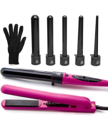 Deluxe Beauty Professional 8 Piece Interchangeable Flat and Curling Iron Set - Instant Hair Straightening Iron - Professionally Curl Your Hair - Instant Results! (Pink)