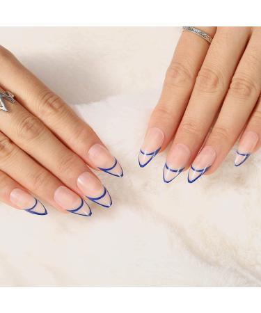 Glossy Almond Press on Nails Blue Line - 24Pcs Medium Oval Geometric French Tips for Women and Girls - Buy Online on SooperMarket.com