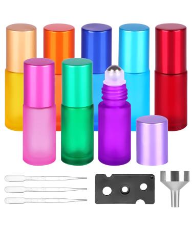 Roll on glass bottles for essential oil 8 pieces of roll on bottle with stainless steel scooter 5ml of empty roller bottles with an opener dripper funnel for essential oil perfume cosmetics massage (8 colors) 8Pack 5ml muti color