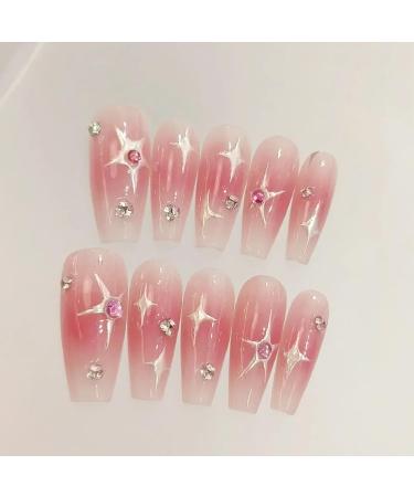 Shop Moguri 24-Piece Pink Diamonds Artificial Nails - Glossy Medium Length Acrylic with Stars Moon & Blush Designs - International Shipping Available - Buy Online on SooperMarket.com