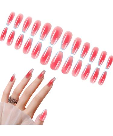 Luvadeyo Pack of 24 Stick-on Nails French Wave Lines False Nails Artificial Fingernails Acrylic Art Press On The Nail Tips for Women Girls Pinkblue